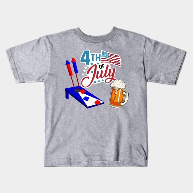 4th Of July Cornhole, Beer and Bottle Rockets Kids T-Shirt by Midlife50